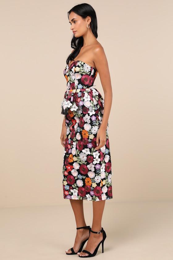 Fabulous Display Black Multi 3D Floral Strapless Midi Dress Product Image