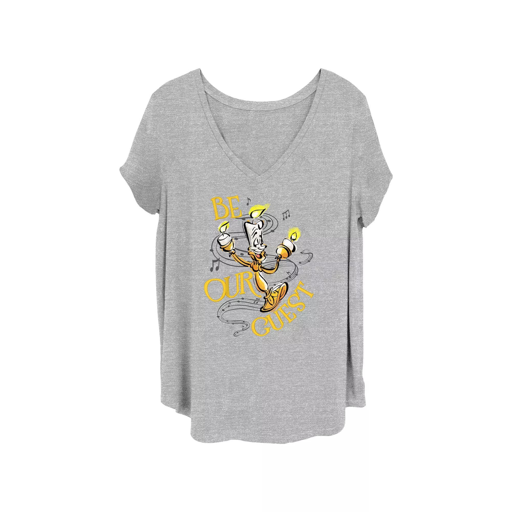Disney's 100th Anniversary Women's Lumiere Be Our Guest V-Neck Tee, Girl's, Size: 1XL, Grey Gray Product Image