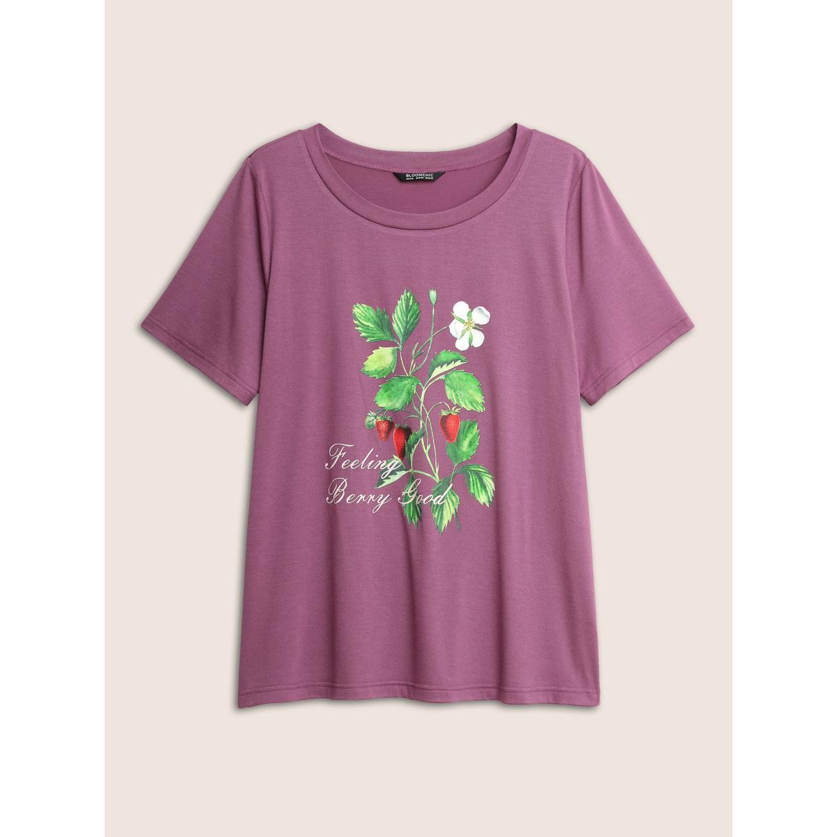Plus Size Strawberry Print Round Neck T-shirt Purple Women Casual Non Natural Flowers Everyday T-shirts BloomChic 26/4X Product Image