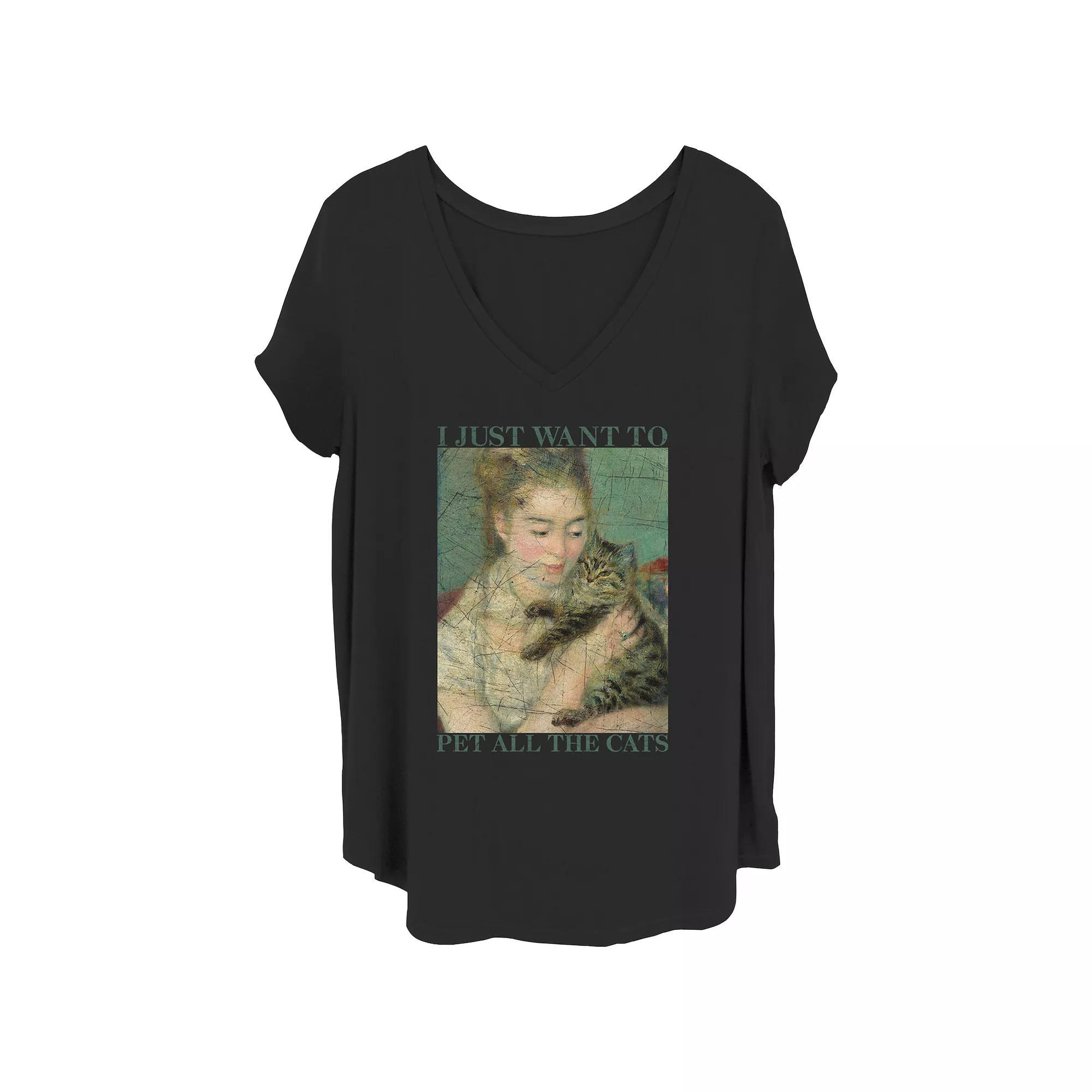 Juniors' Plus I Just Want To Pet All The Cats V-Neck Graphic Tee, Women's, Size: 4XL, Black Product Image