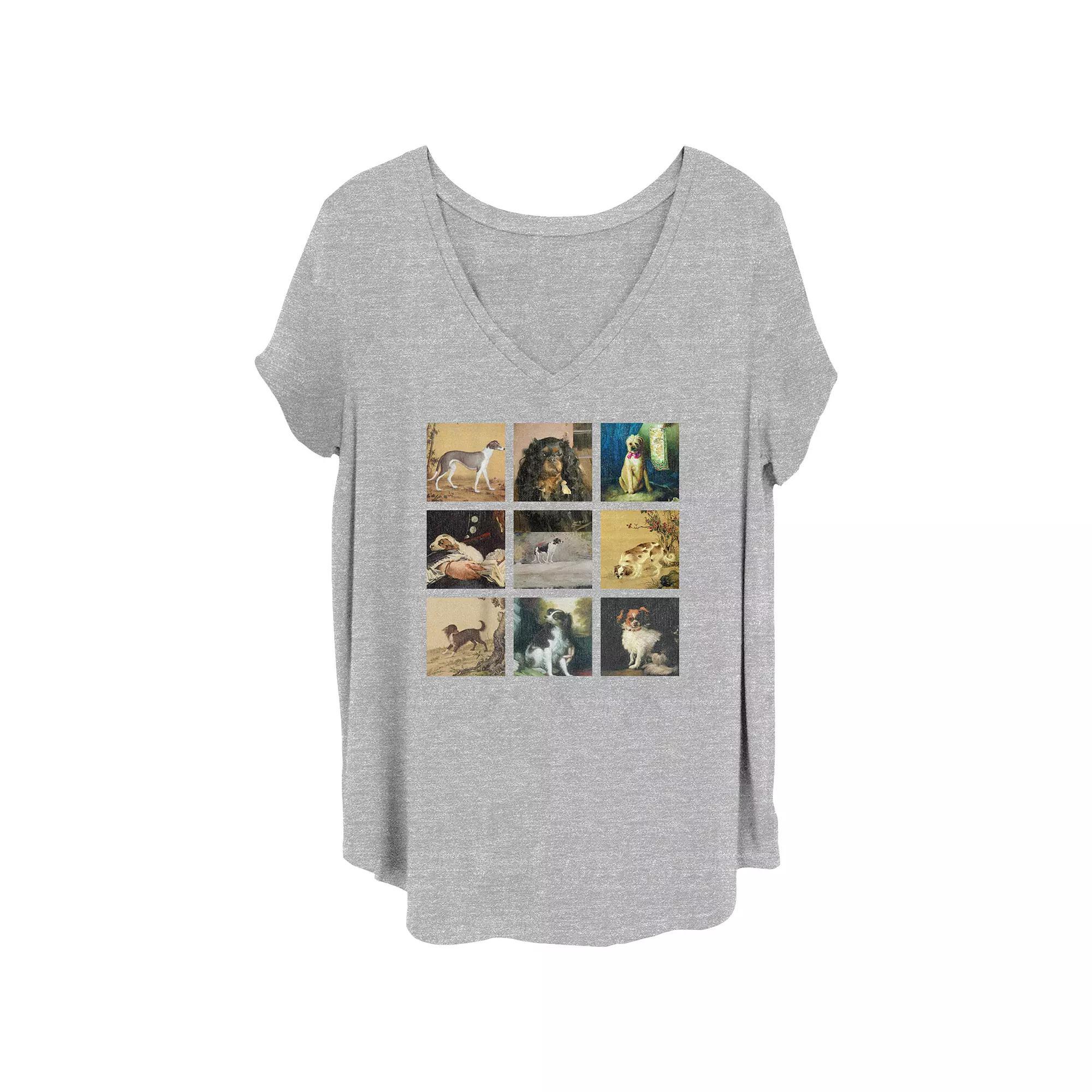 Juniors Plus Size Dog Paintings V-Neck Graphic Tee, Womens Grey Gray Product Image