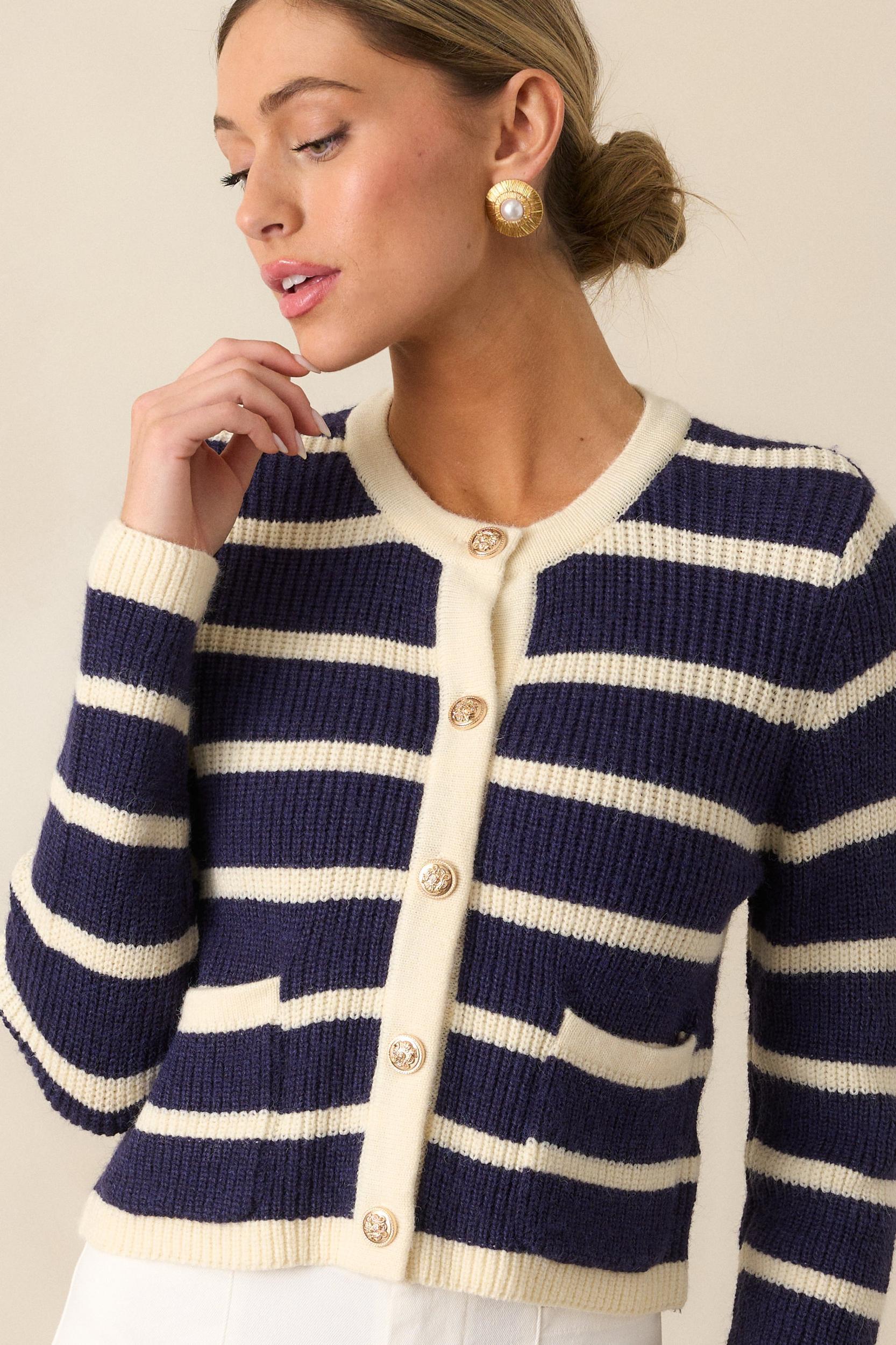 Let's Go Shopping Navy Stripe Button Front Cardigan Product Image