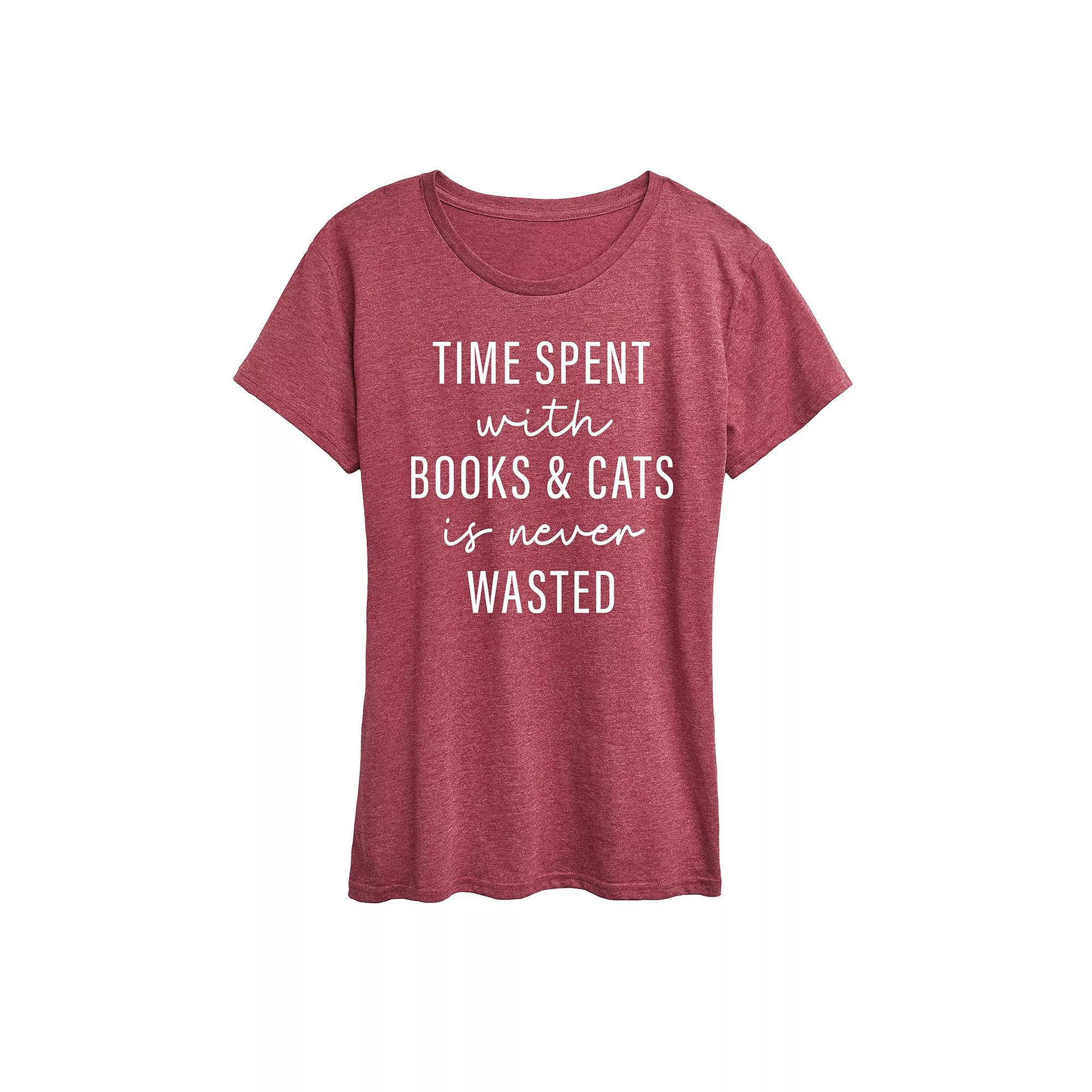 Womens Time Spent With Books Cats Graphic Tee Grey Dark Red Product Image