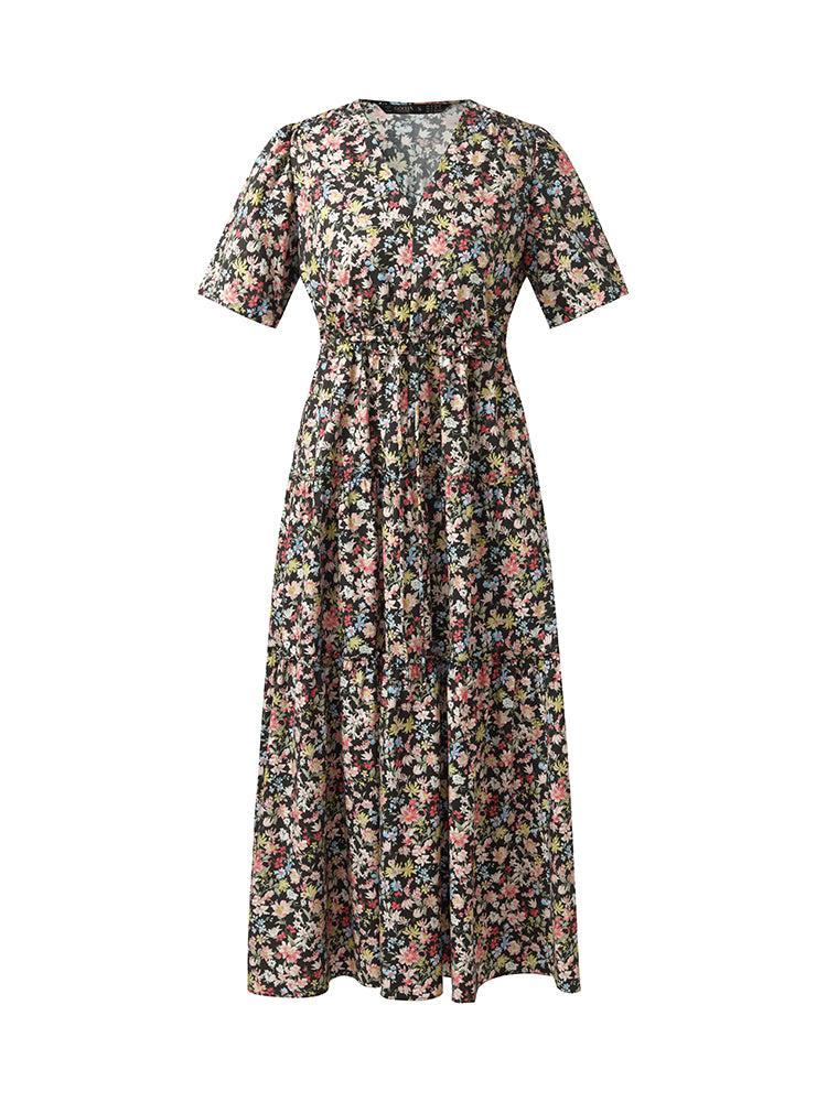 Cotton Puff Sleeve Drawstring Waist Floral Print Women Midi Dress Product Image