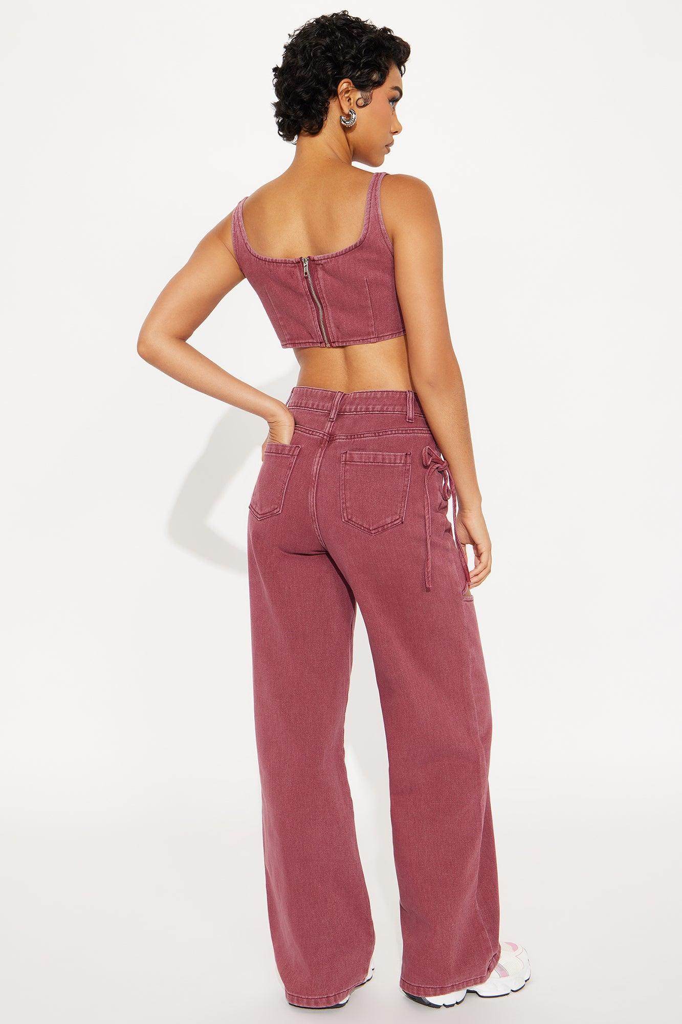 Cut It Out Denim Pant Set - Burgundy Female Product Image