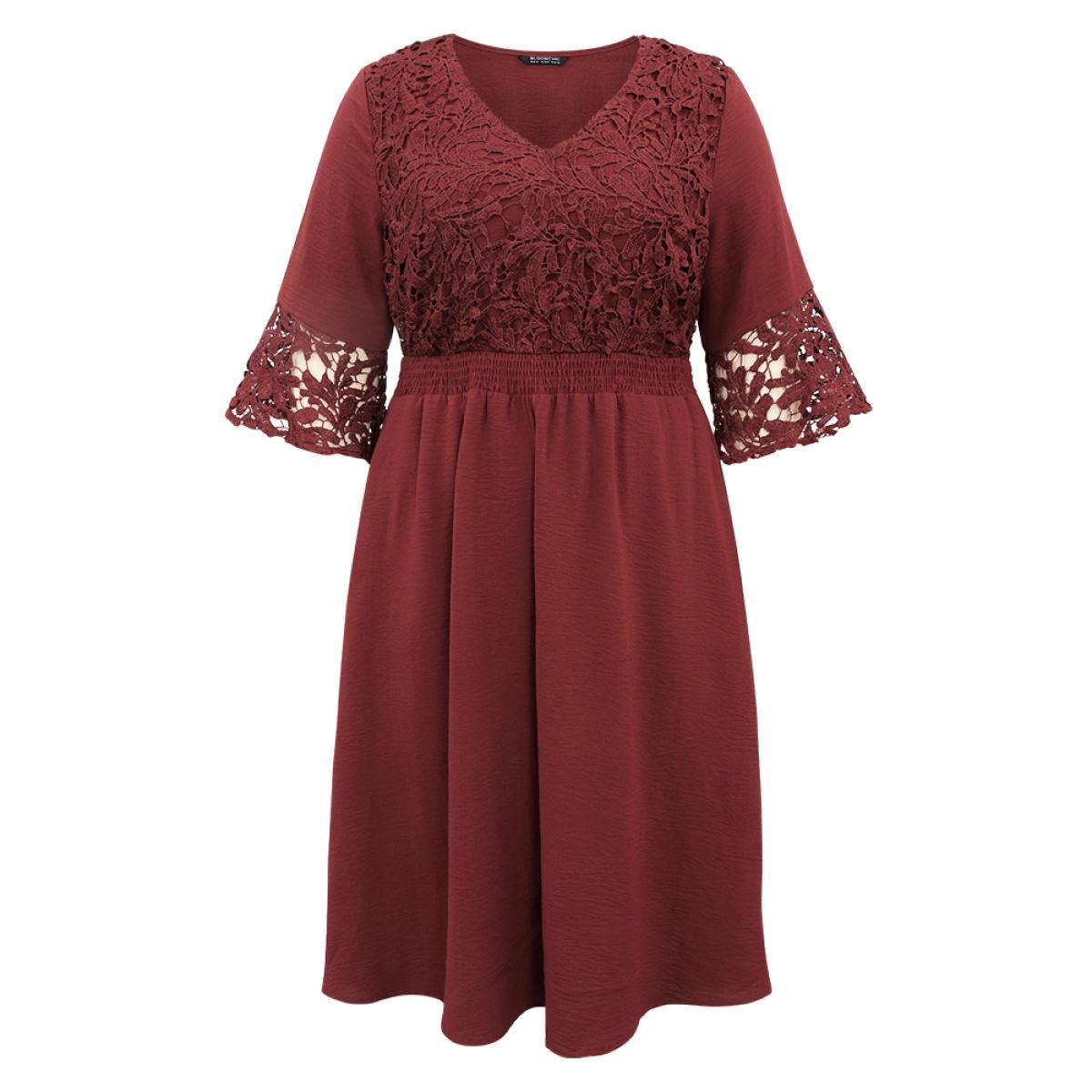 Plus Size Geometric Shirred Lace Patchwork Bell Sleeve Dress Scarlet Women Elegant Plain V-neck Elbow-length sleeve Curvy Midi Dress BloomChic 12/L Product Image