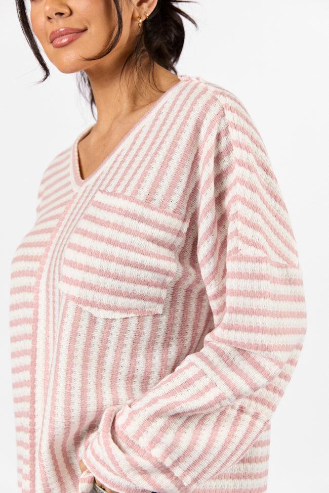 All For Sun Pink and Ivory Striped Knit V-Neck Long Sleeve Tee FINAL SALE Product Image