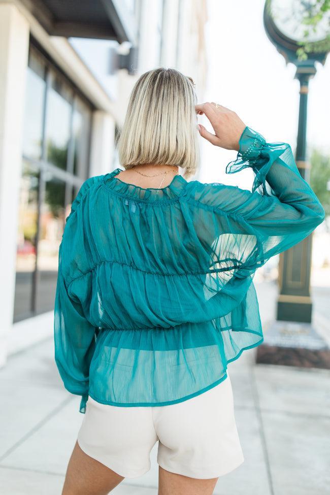 Breathe Deeper Jade Sheer Ruched Blouse FINAL SALE Product Image