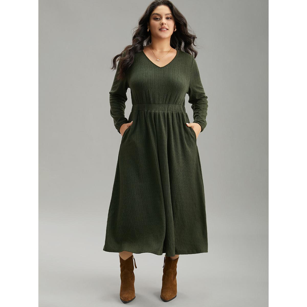 Plus Size Plain Plisse Elastic Cuffs Midi Dress ArmyGreen Women Elegant Elastic cuffs V-neck Long Sleeve Curvy Midi Dress BloomChic 28/5X Product Image