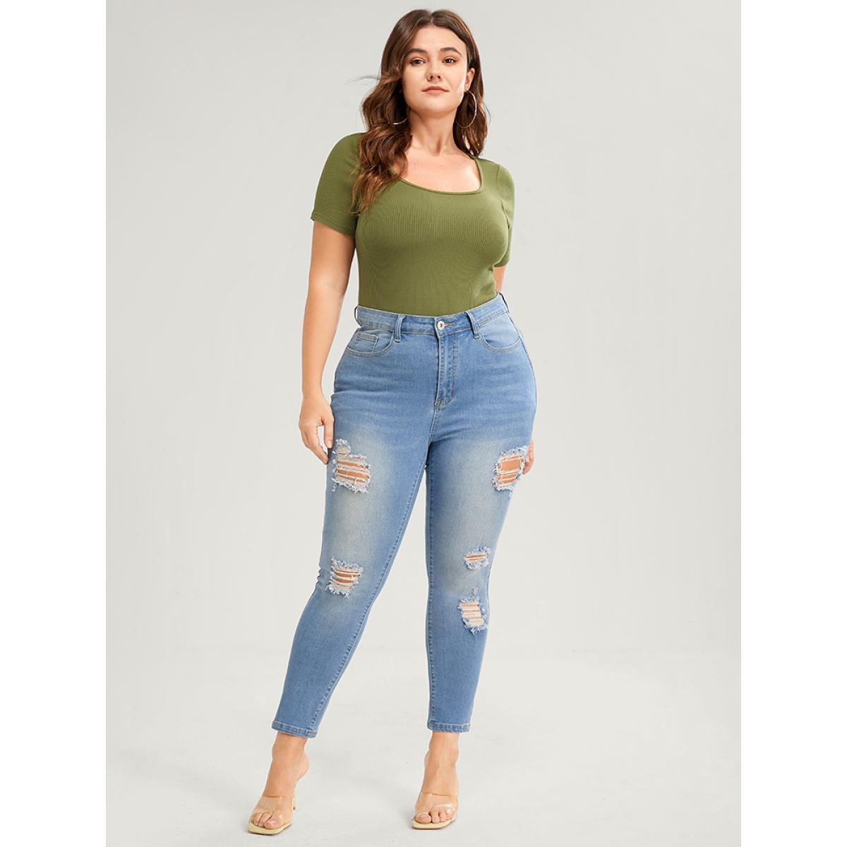 Plus Size Skinny Very Stretchy High Rise Light Wash Sculpt Waist Jeans Women LightBlue Casual Plain Plain High stretch Pocket Jeans BloomChic 24/3X Product Image