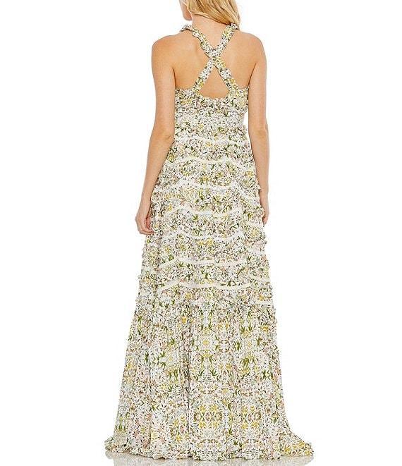 Mac Duggal Floral Print Halter Neck Sleeveless Cross Back Ruffle Tiered Smocked Ball Gown Product Image