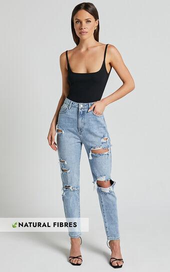 Billie Jeans - High Waisted Cotton Distressed Mom Denim Jeans in Mid Blue Wash Product Image