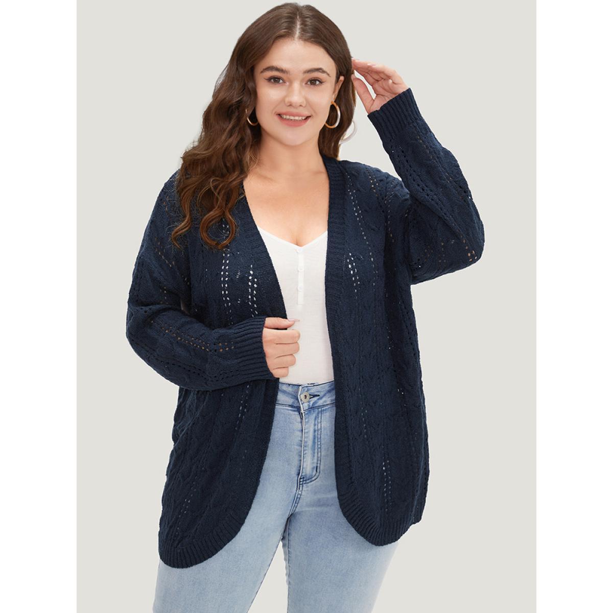 Plus Size Plain Eyelet Curved Hem Drop Shoulder Cardigan Indigo Women Casual Loose Long Sleeve Everyday Cardigans BloomChic 12/L Product Image