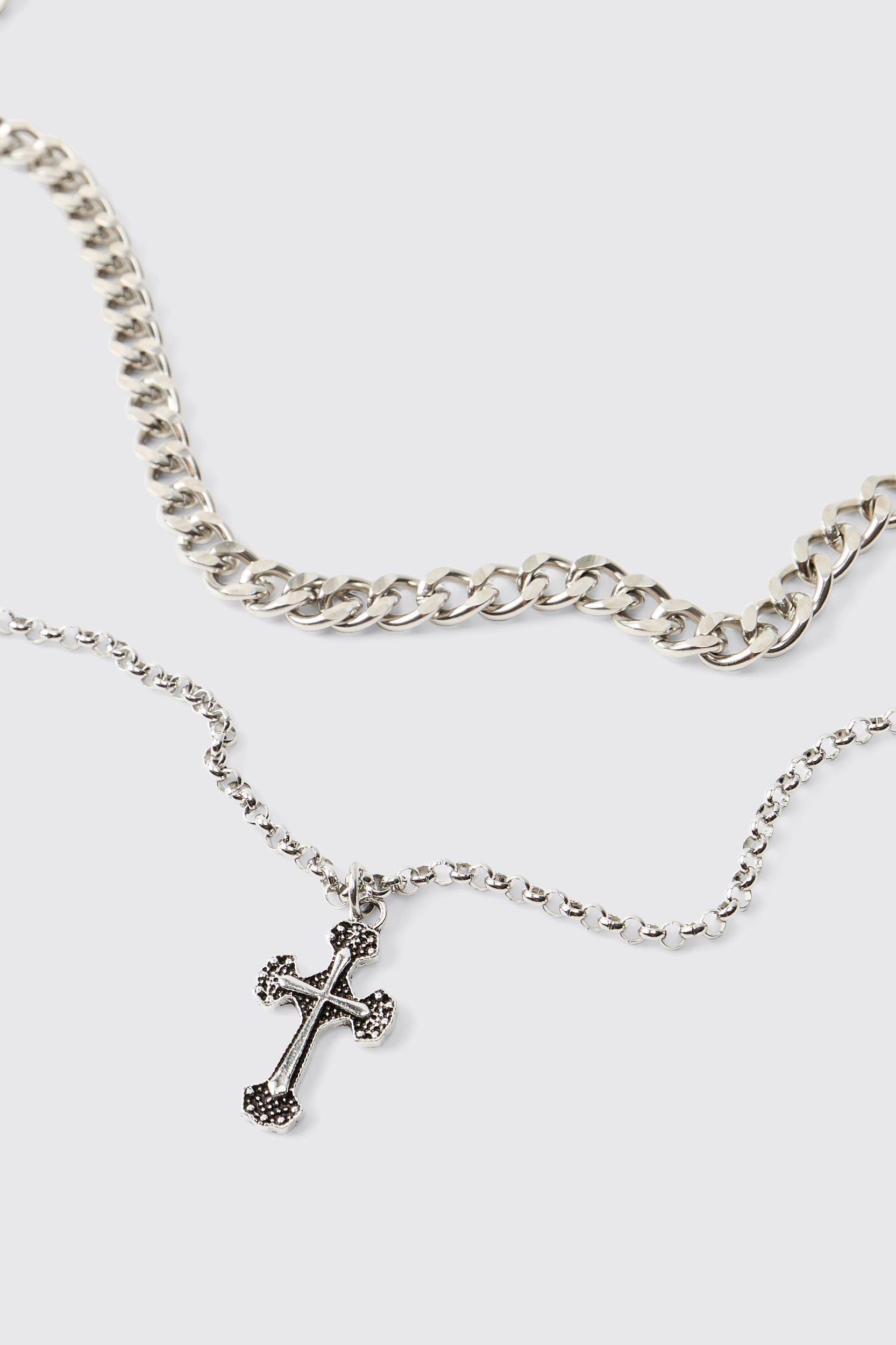 Layered Cross Necklace In Silver | boohooMAN USA Product Image
