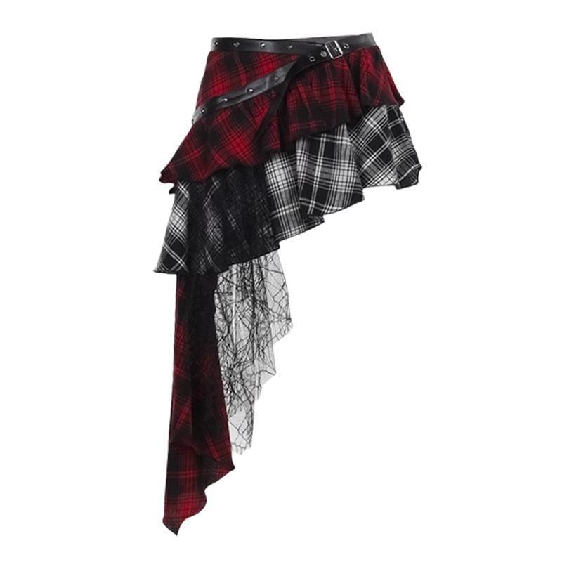 Mid Rise Plaid Ruffle Asymmetrical Buckled Panel Lace Mini A-Line Skirt Product Image