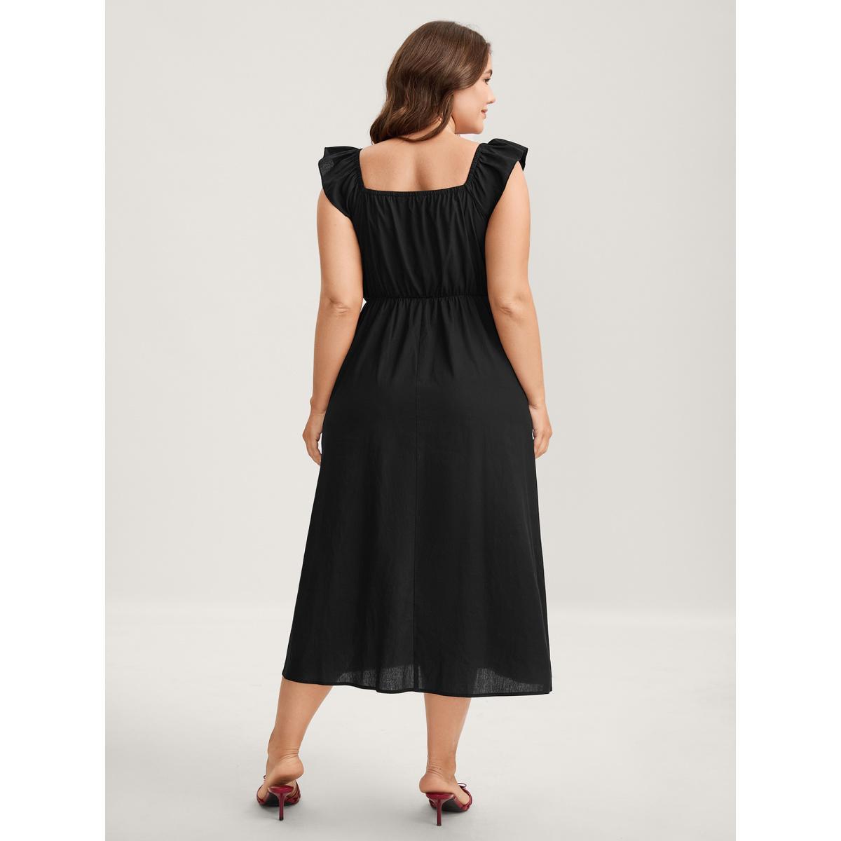 Plus Size Cotton Pleated Overlap Pockets Midi Dress Black Women Heart neckline Cap Sleeve Curvy BloomChic 14-16/1X Product Image
