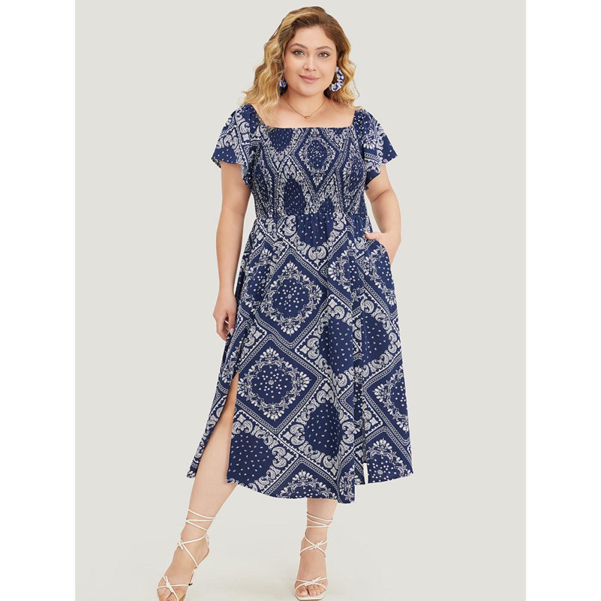 Plus Size Paisley & Moroccan Print Pocket Shirred Square Neck Split Dress DarkBlue Women Vacation Slit One-shoulder neck Short sleeve Curvy Midi Dress BloomChic 28/5X Product Image