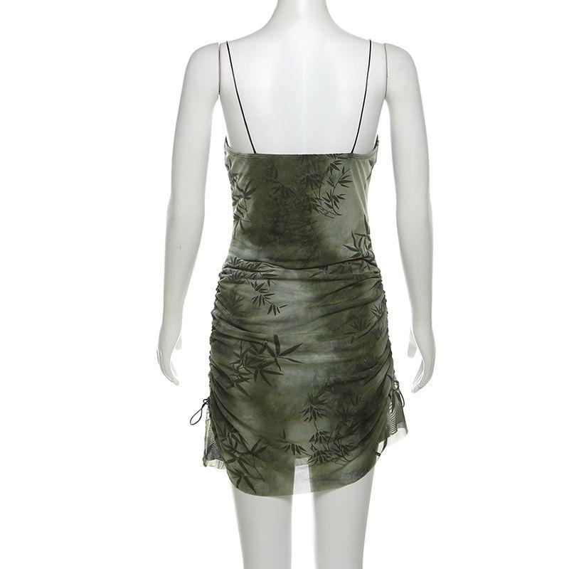 Spaghetti Strap V-Neck Print Mini A-Line Dress Product Image