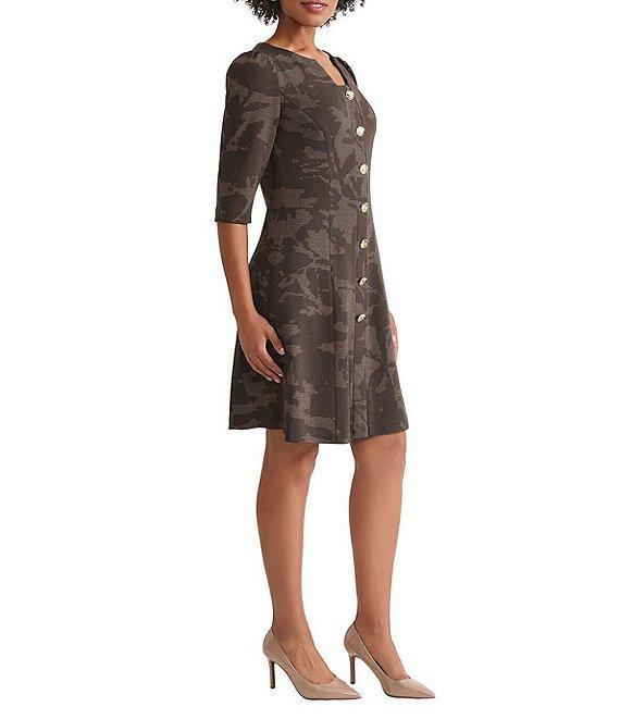 Ming Wang Floral Jacquard Soft Knit Split Crew Neck Elbow Sleeve Dress Product Image