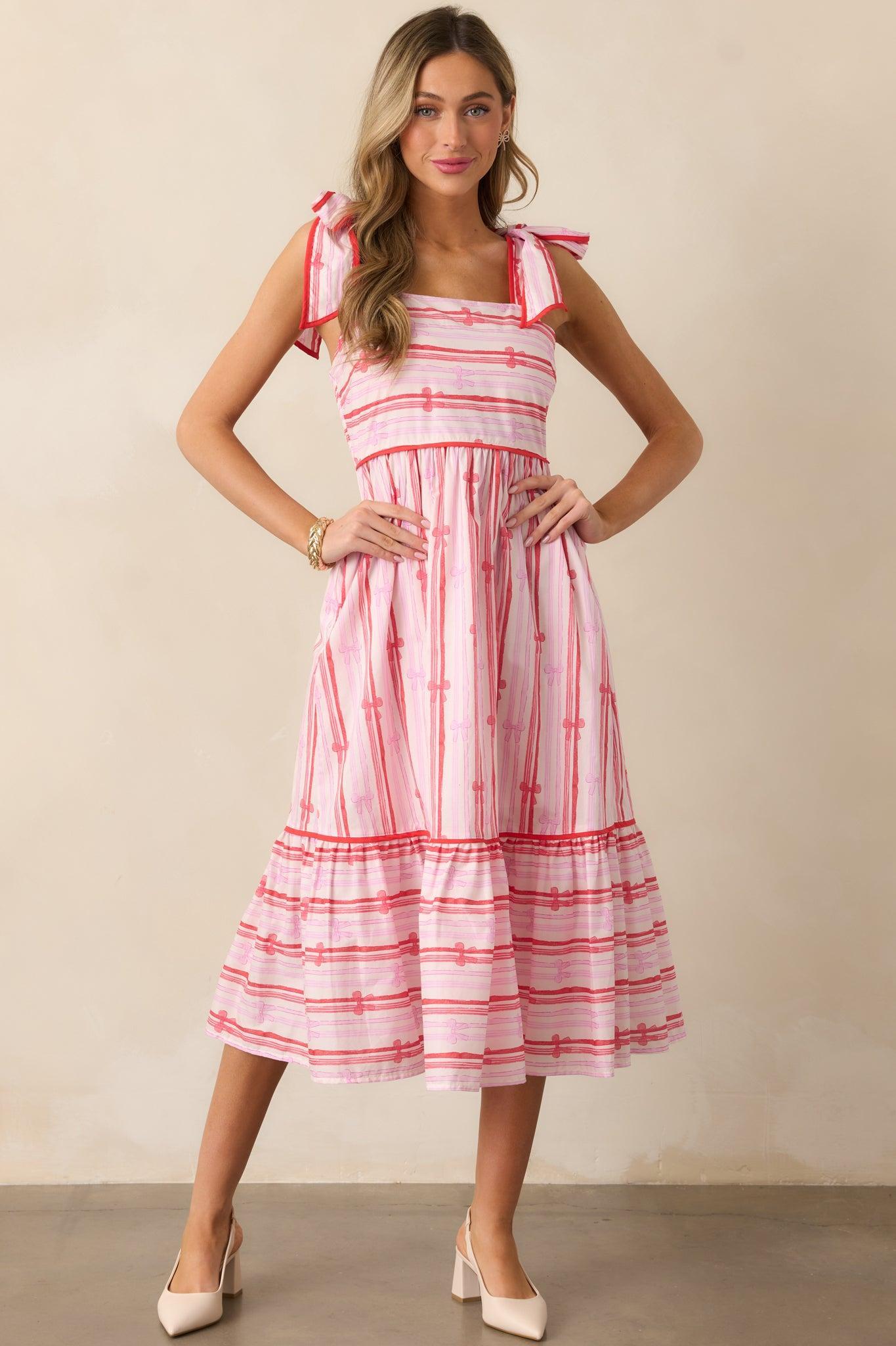 Through The Fields Pink Multi Stripe Cotton Midi Dress Product Image