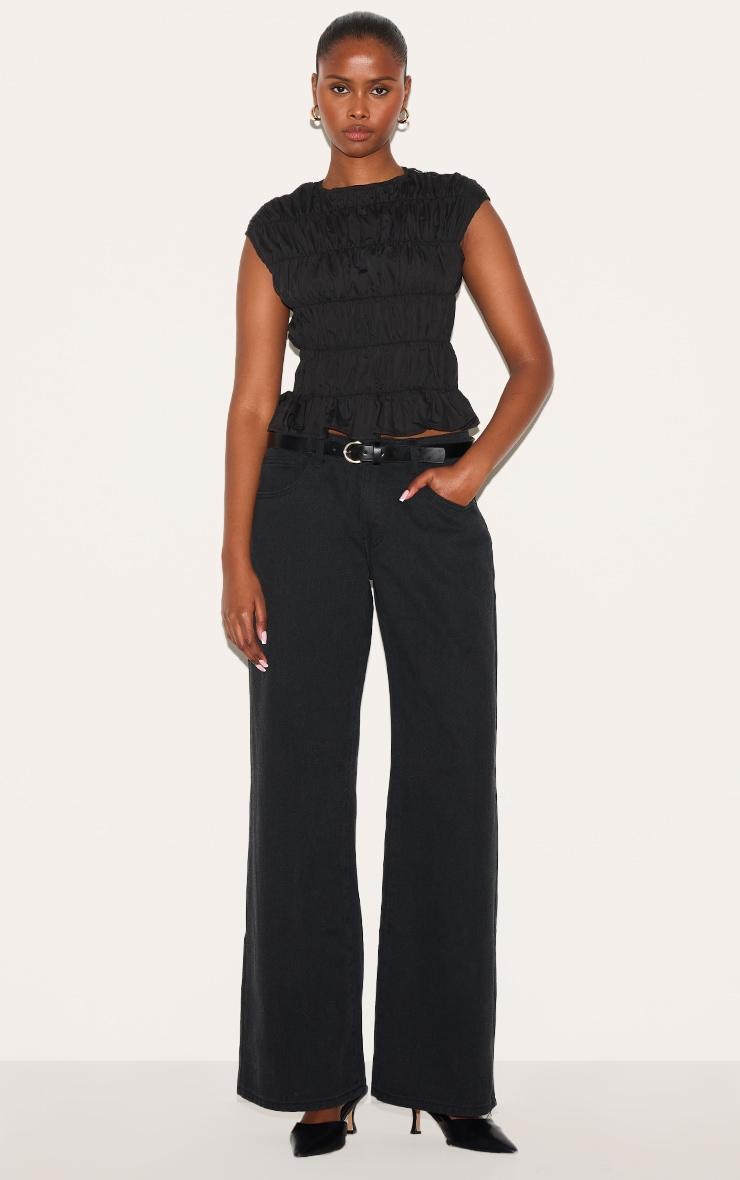 Black Shirred Boatneck Fitted Top Product Image