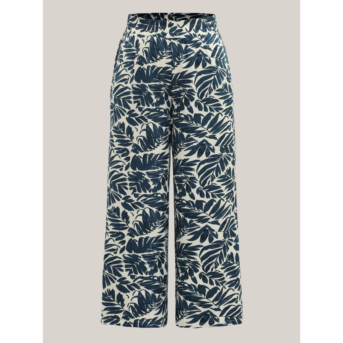 Plus Size Tropical Leaf Print Wide-Leg Pants Women Indigo Resort Wide Leg Mid Rise Vacation Pants BloomChic 14-16/1X Product Image