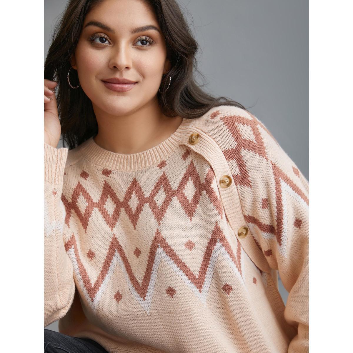 Plus Size Jacquard Print Button Round Neck Pullover Apricot Women Casual Loose Long Sleeve Round Neck Everyday Pullovers BloomChic 12/L Product Image
