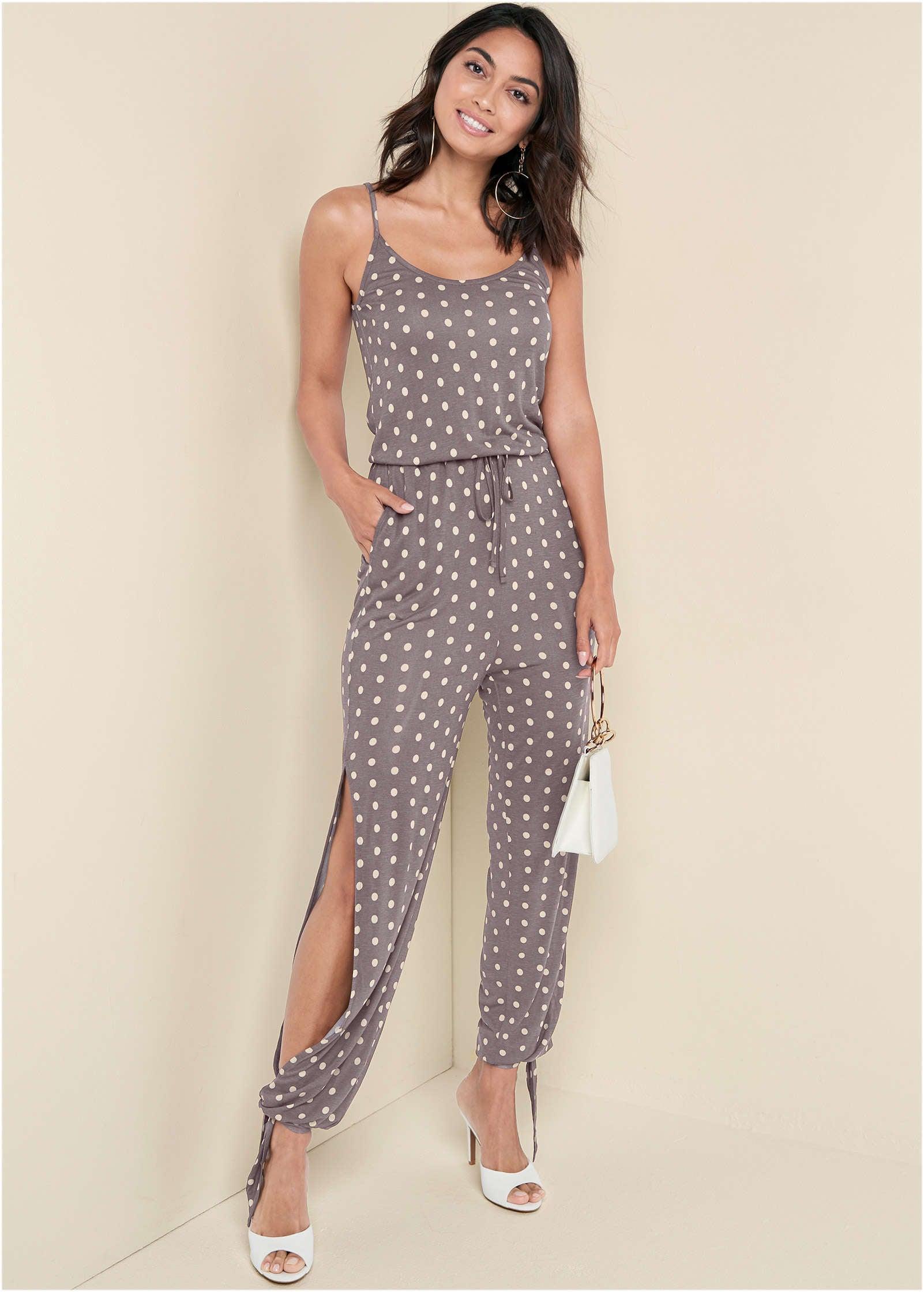 Polka Dot Jumpsuit - Taupe Product Image