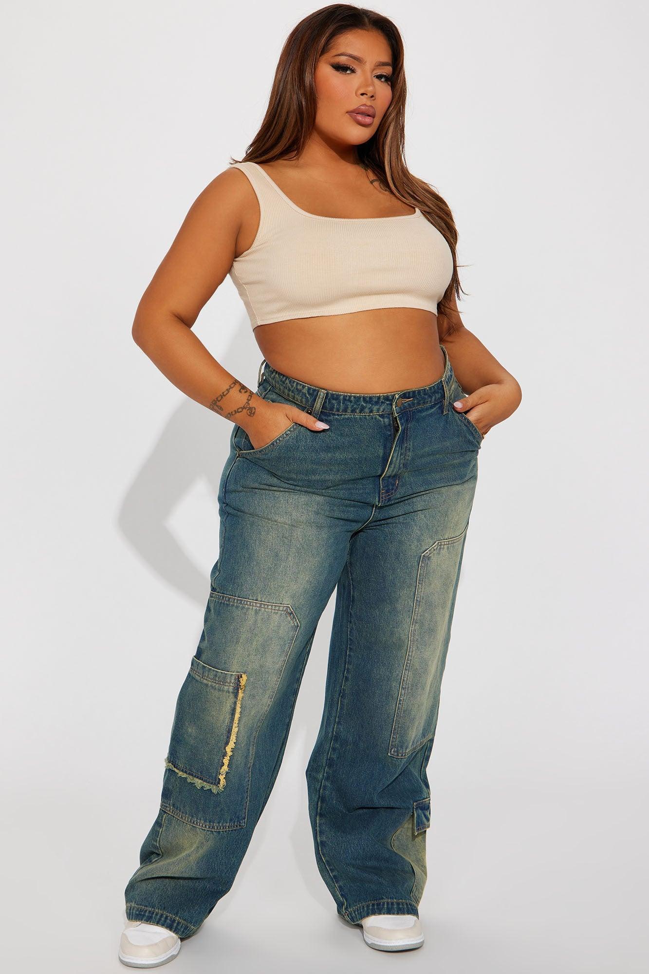 Wherever Whenever Non Stretch Tinted Wide Leg Cargo Jean - Dark Wash Product Image