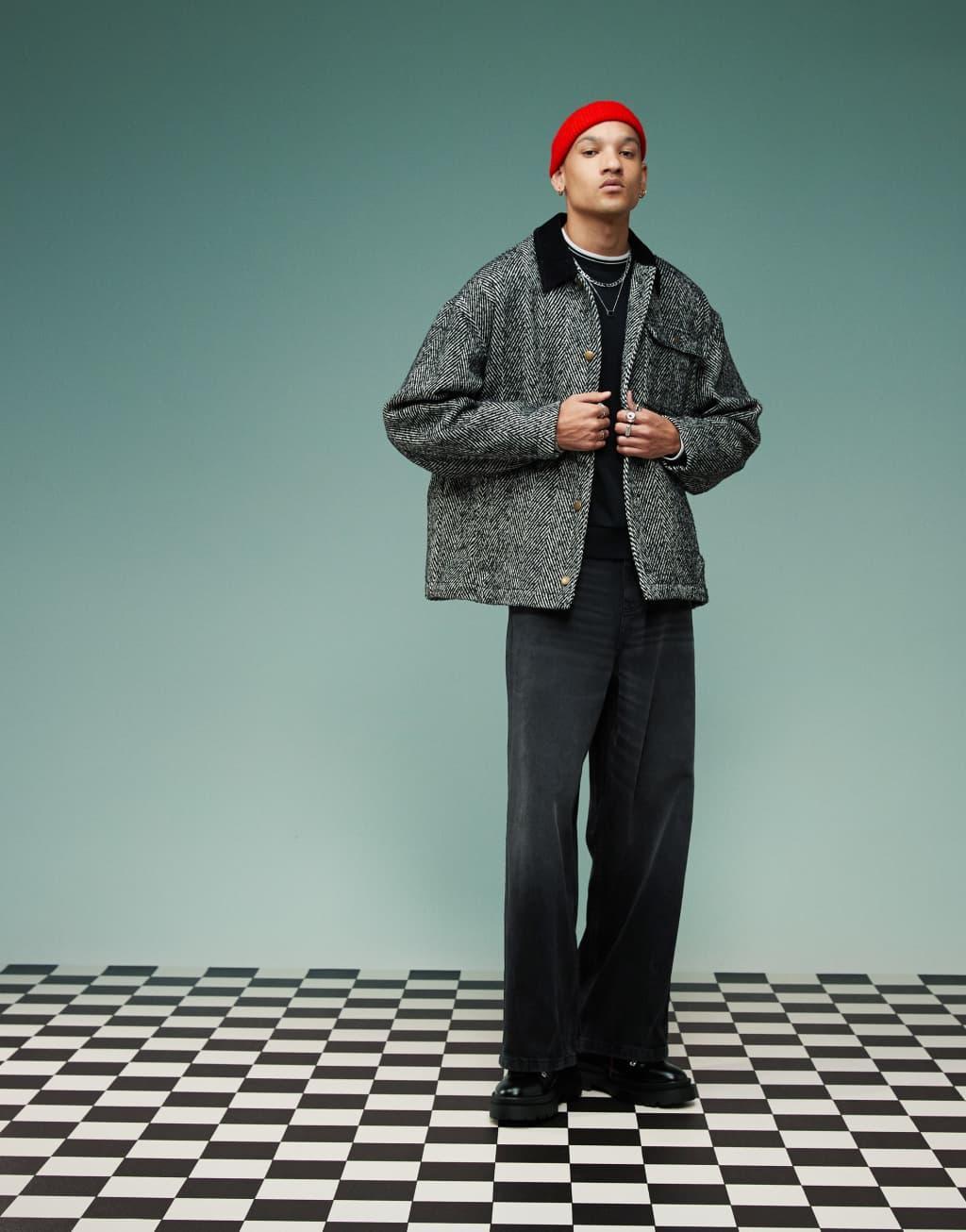 ASOS DESIGN oversized wool look worker jacket in gray Product Image
