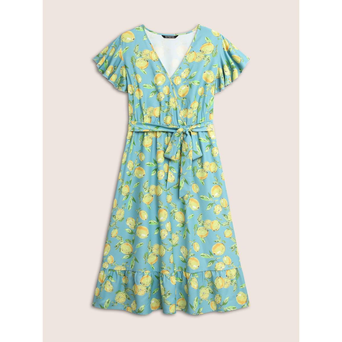 Plus Size Citrus Lemon Print Ruffle Cap Sleeve Belted Dress Blue Women Elegant Belted V-neck Cap Sleeve Curvy Midi Dress BloomChic 10/M Product Image