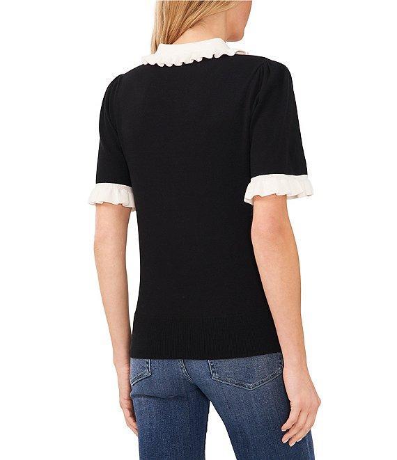 CeCe Knit Ruffle Collar Short Sleeve Partial Button Front Blouse Product Image