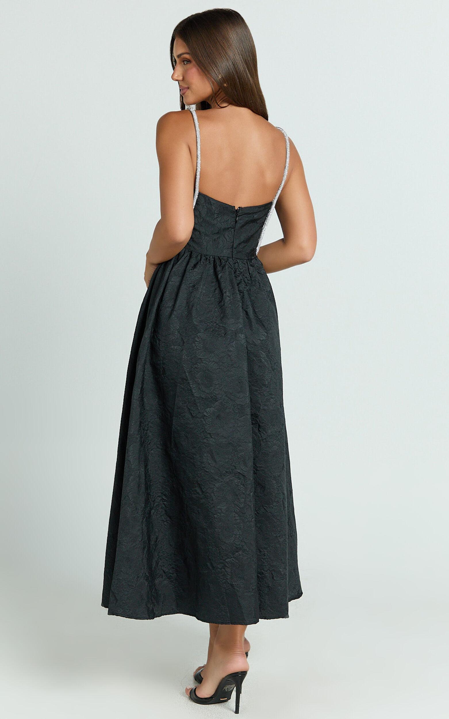 Alvia Midi Dress - Diamante Strap Ruched Straight Neck Dress in Black Product Image