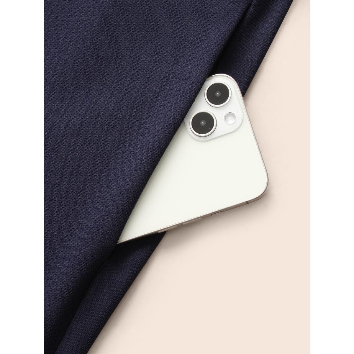 Plus Size Notched Contrast Patchwork Belted Dress Indigo Women At the Office Belted Flat collar with V-notch Cap Sleeve Curvy BloomChic 12/L Product Image
