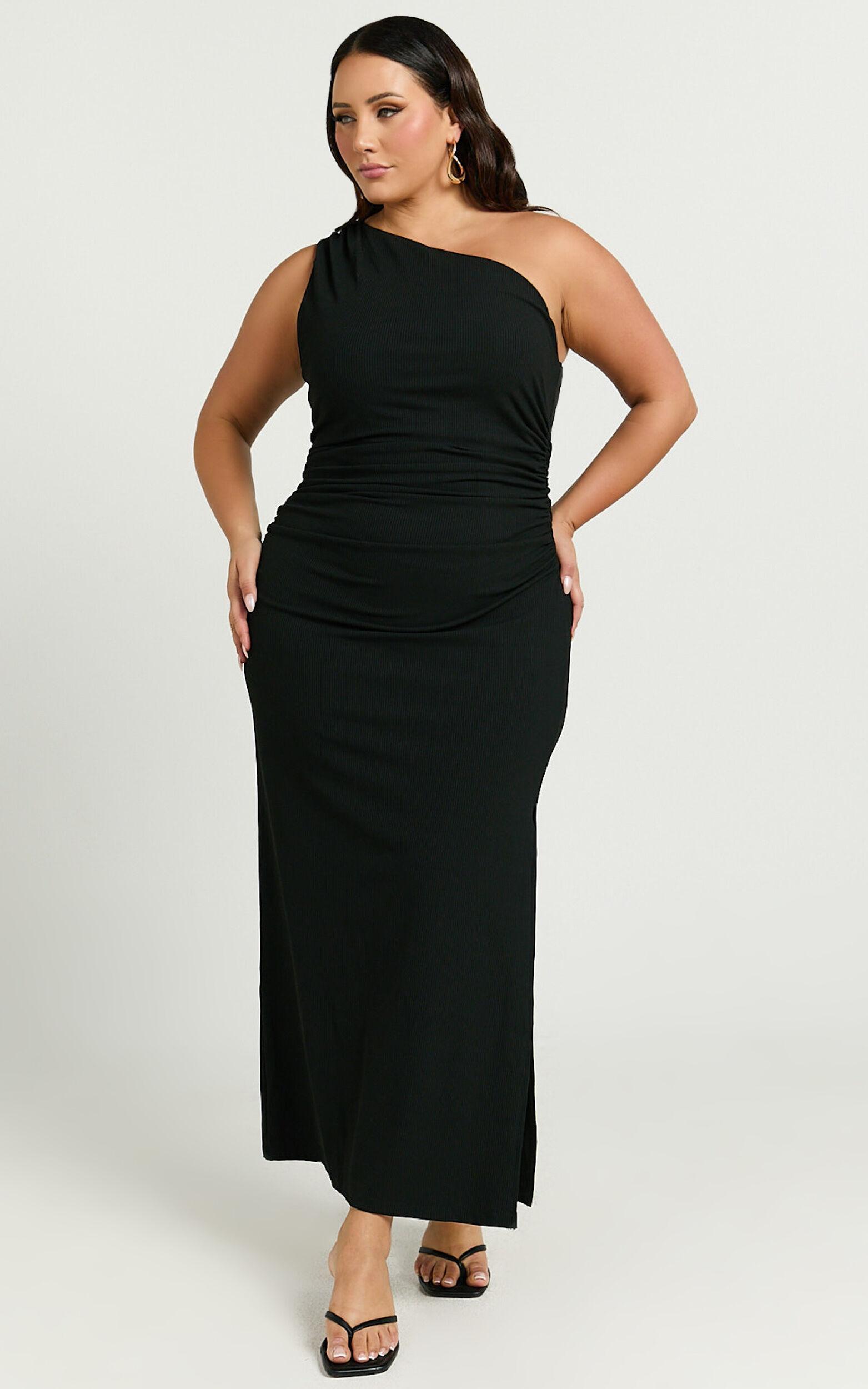 Rae Midi Dress - Ribbed One Shoulder Ruched Dress in Black Product Image