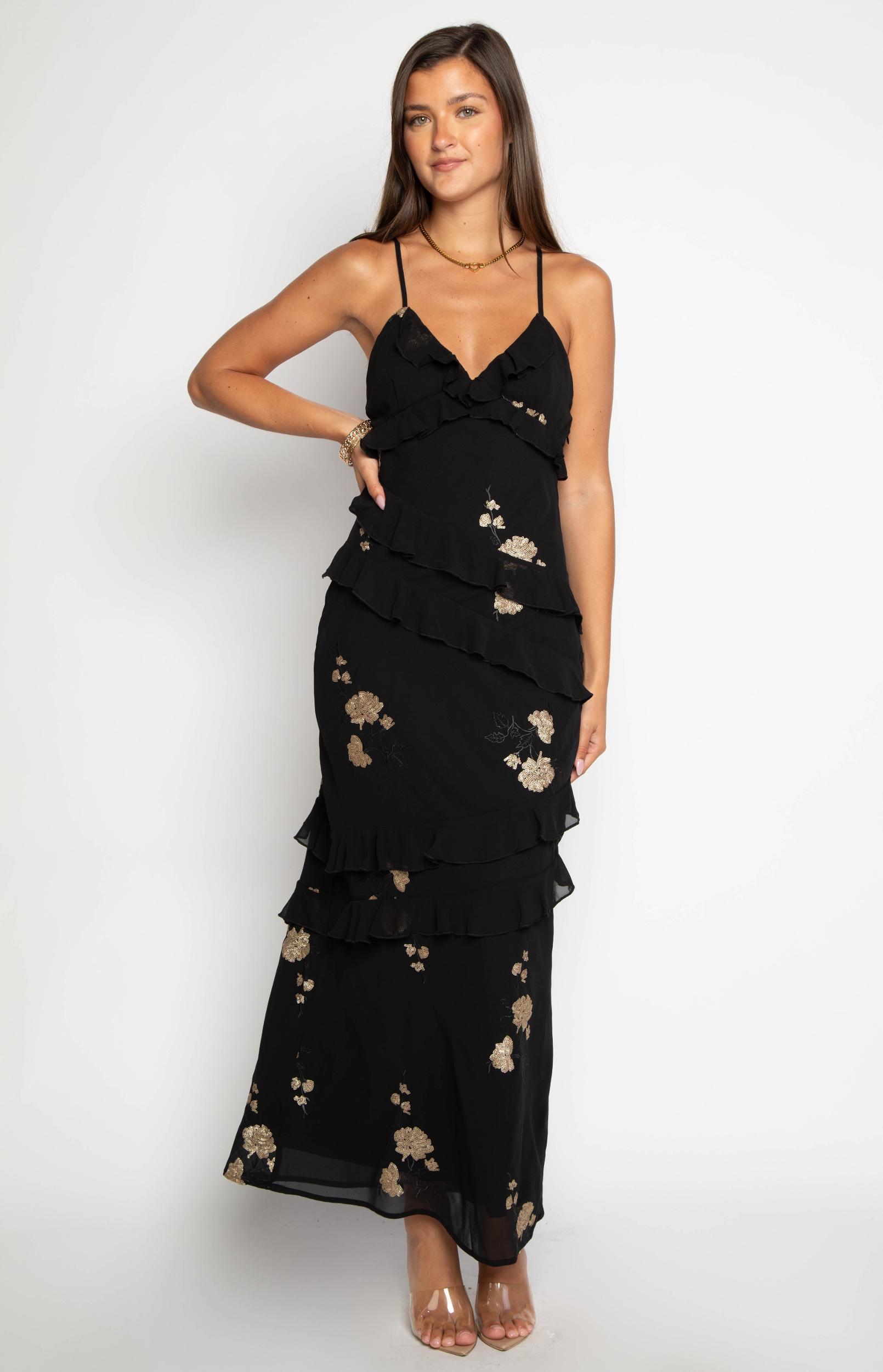 Inara Black Sequin Ruffle Maxi Dress Product Image