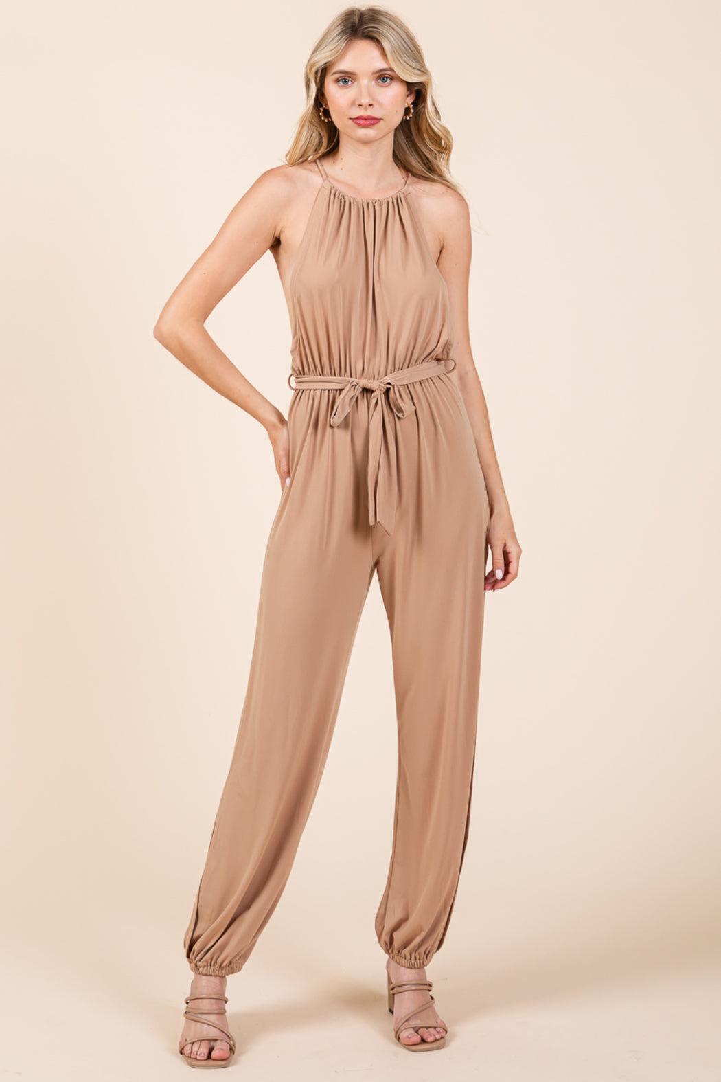Halter Neck Shirred Belted Split Leg Jumpsuit Product Image