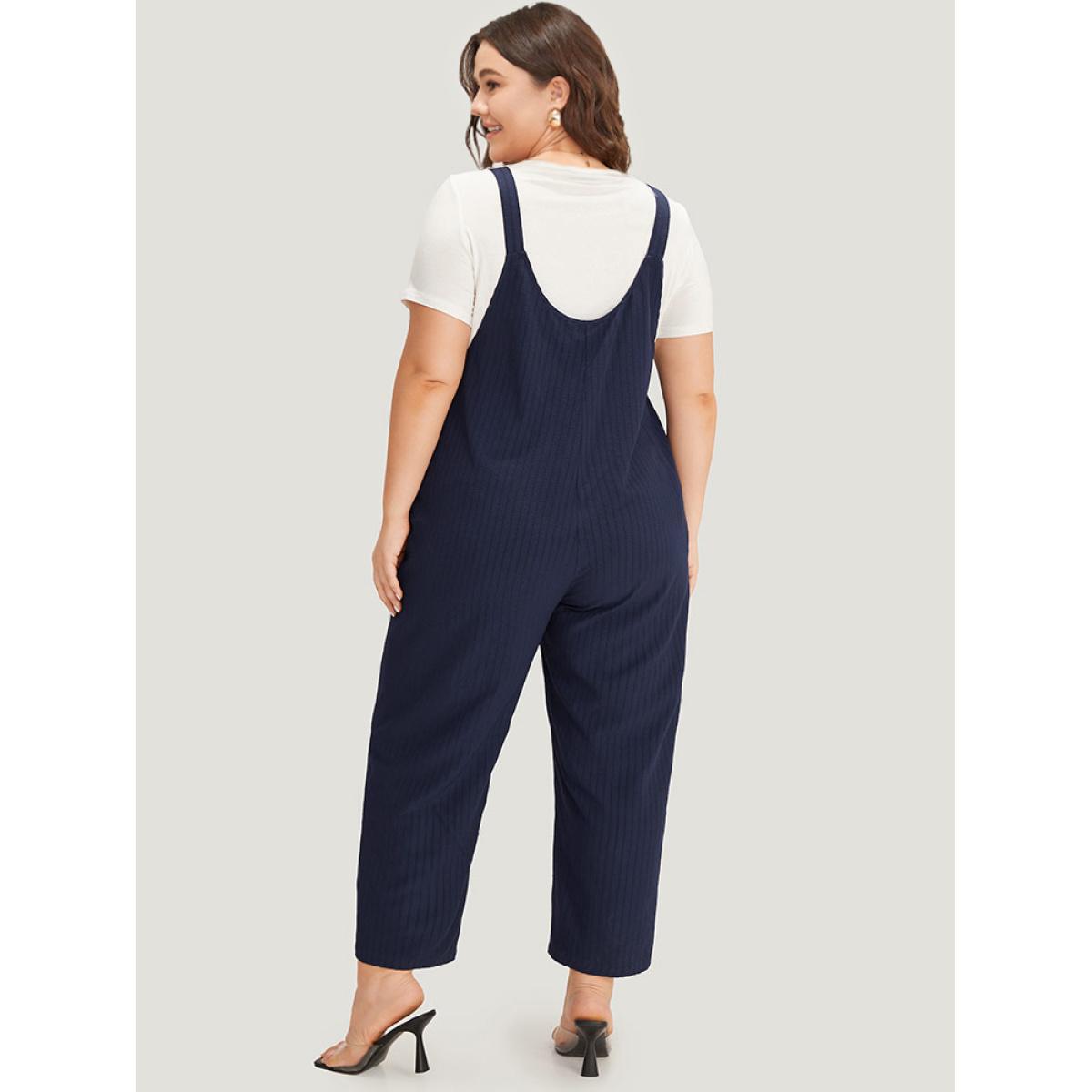 Plus Size DarkBlue Solid Button Patchwork Pocket Cami Jumpsuit Women Elegant Sleeveless Scoop Neck Dailywear Loose Jumpsuits BloomChic 18-20/2X Product Image