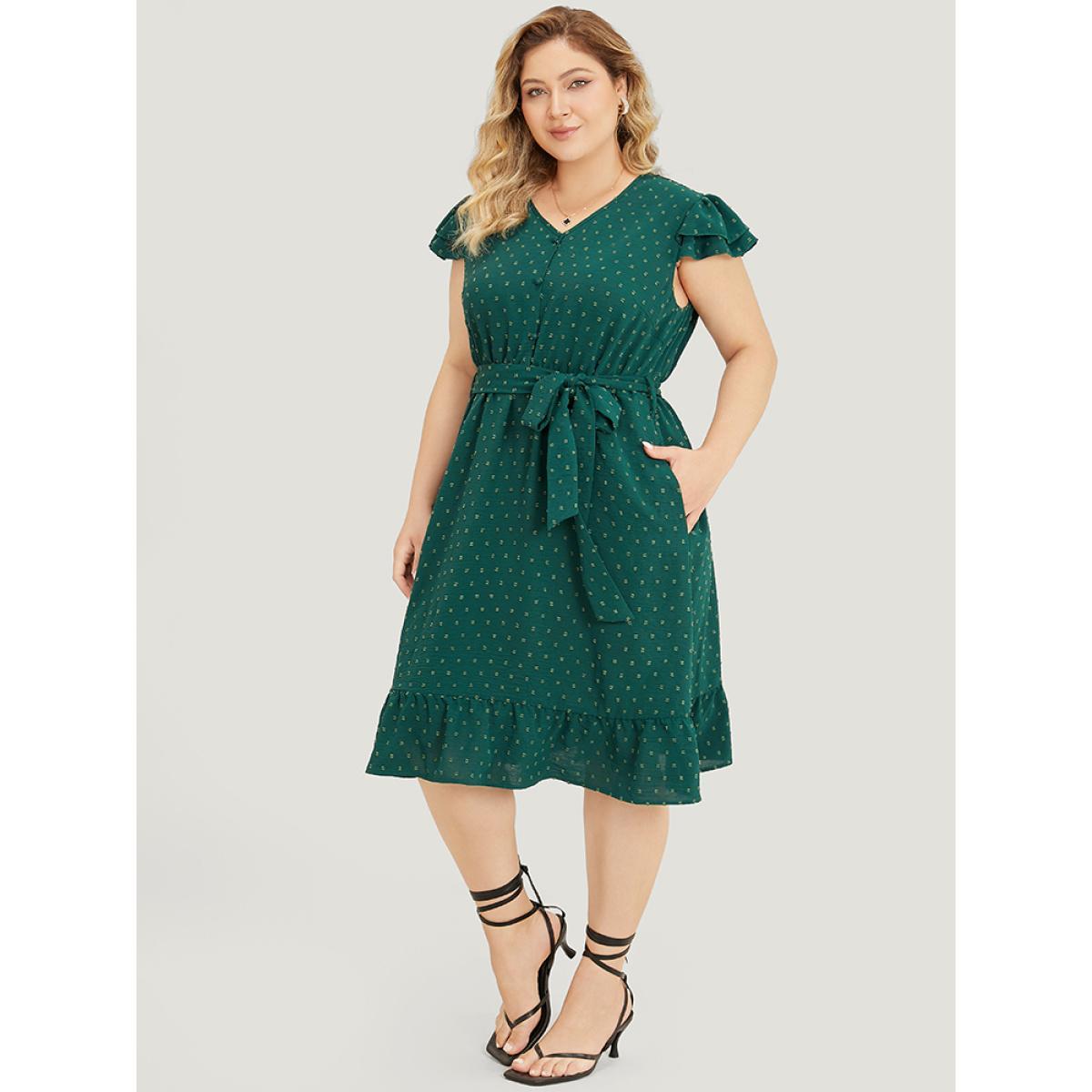 Plus Size Polka Dot Layered Sleeve Pocket Button Up Belted Flutter Dress Green Women Elegant Button V-neck Cap Sleeve Curvy Knee Dress BloomChic 10/M Product Image