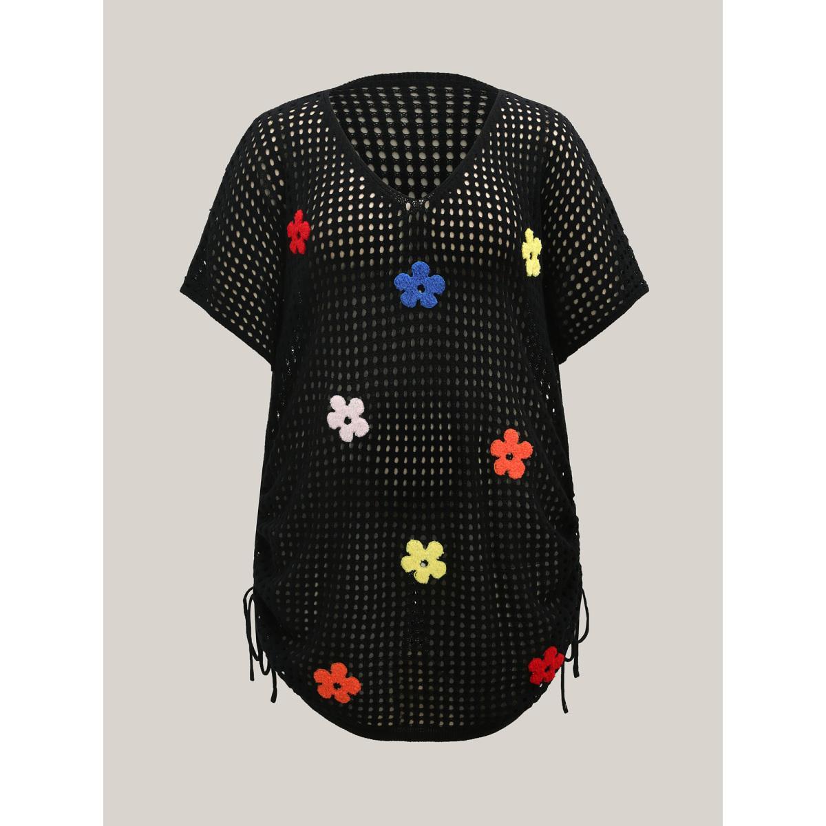 Plus Size Crochet Flowers Side Drawstrings Swim Cover-Up Women's Swimwear Black Beach Loose Texture Curve Swim Cover Ups BloomChic 28/5X Product Image