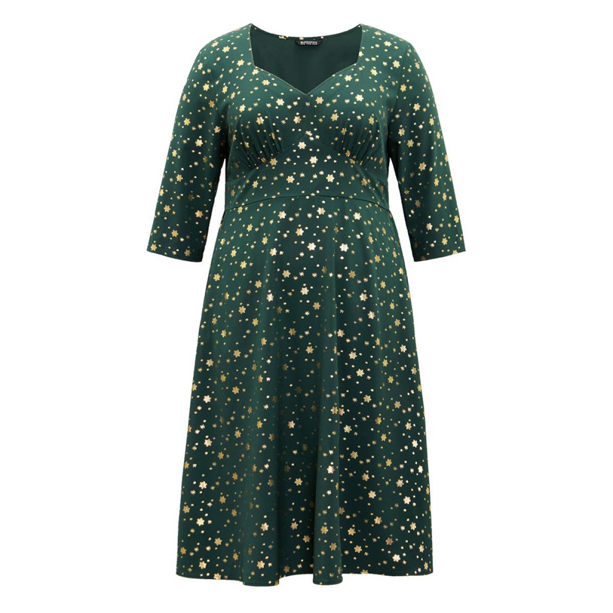 Plus Size Star Glitter Square Neck Gathered Dress DarkGreen Women Party Printed Square Neck Elbow-length sleeve Curvy Midi Dress BloomChic 14-16/1X Product Image