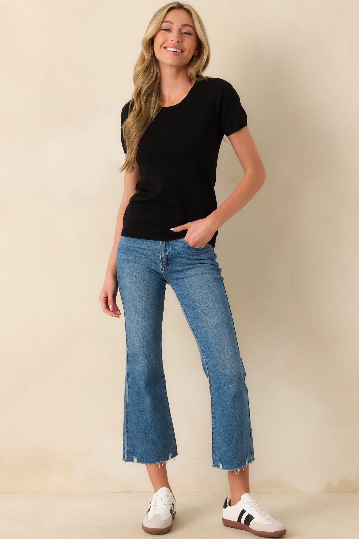 Cross Your Mind Black Short Sleeve Sweater Top Product Image