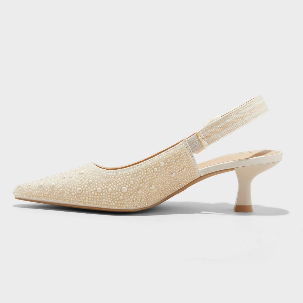 Women's Milan Pearl Slingback Heels - A New Day™ Ivory 9.5: Satin Pointed Toe, Cushioned Insole, Textured Outsole Product Image