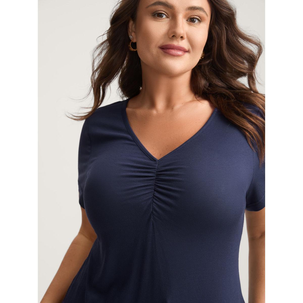 Plus Size Pleated Neckline Slim-Fit Plain T-Shirt Indigo Women Gathered V-neck Bodycon Everyday-Elegant T-shirts BloomChic 14-16/1X Product Image