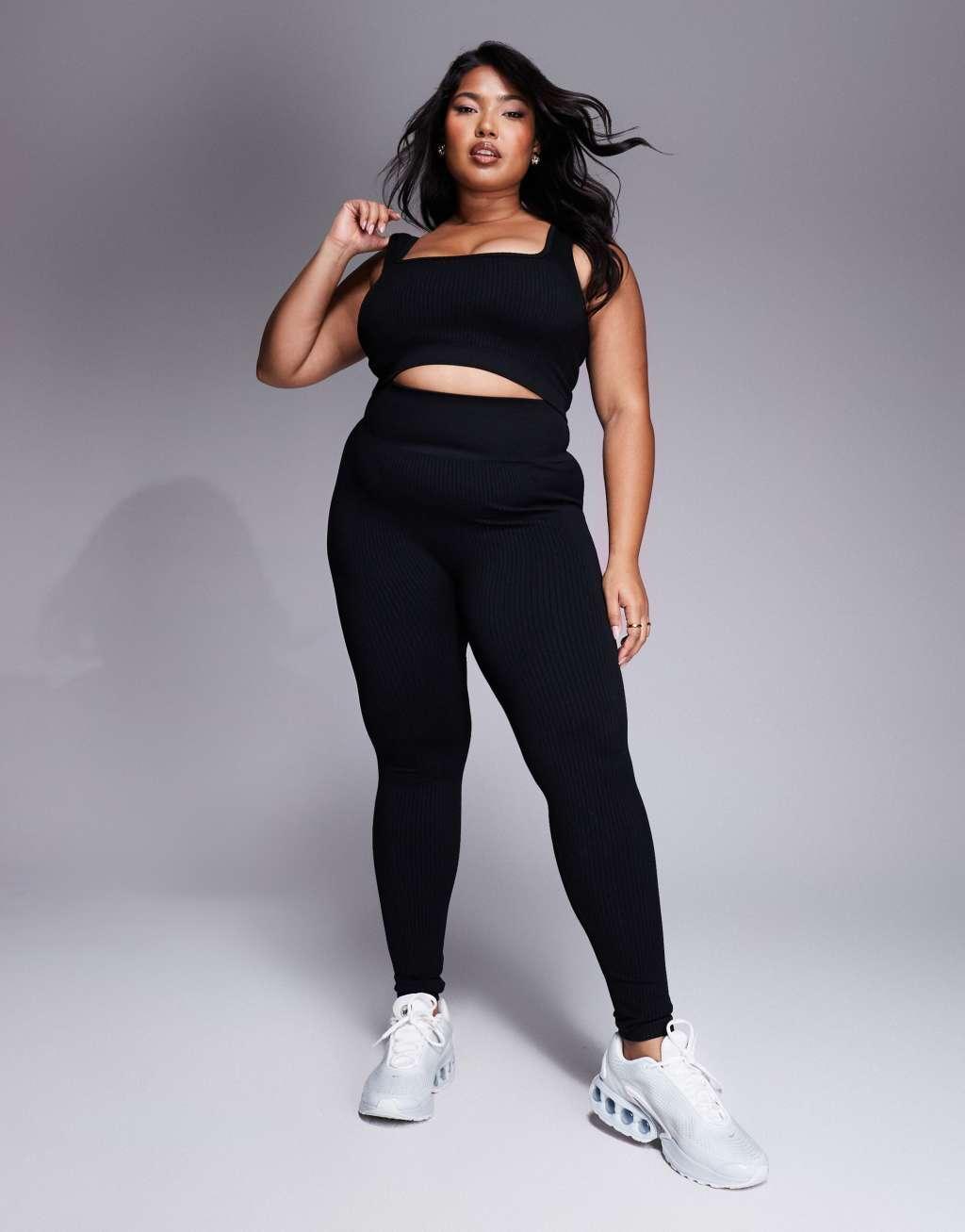 4505 Curve Icon mid impact seamless rib knit sports bra with square neck in black  Product Image