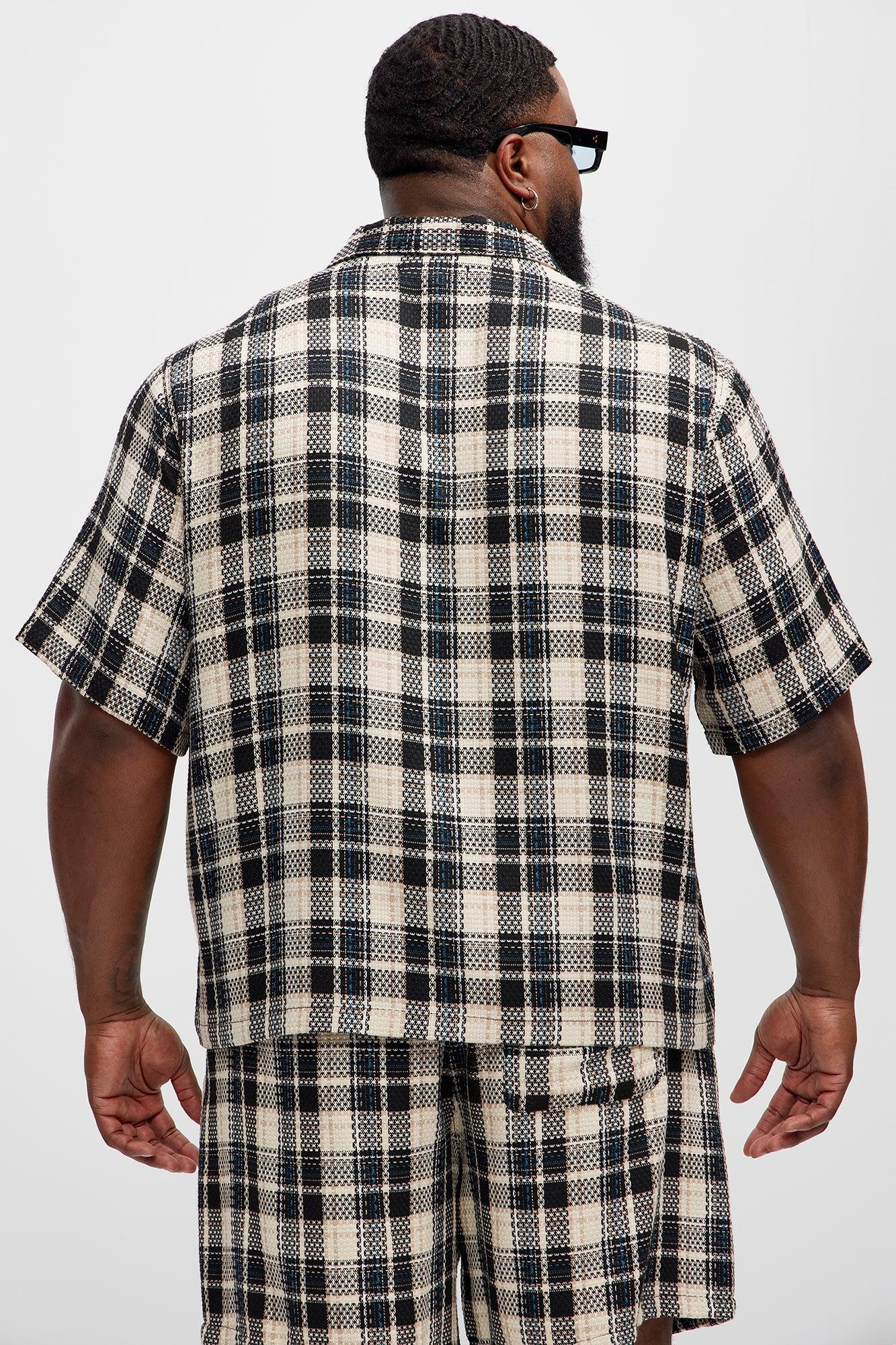 Plaid Basket Weave Cropped Button Up Shirt - Black/combo Product Image