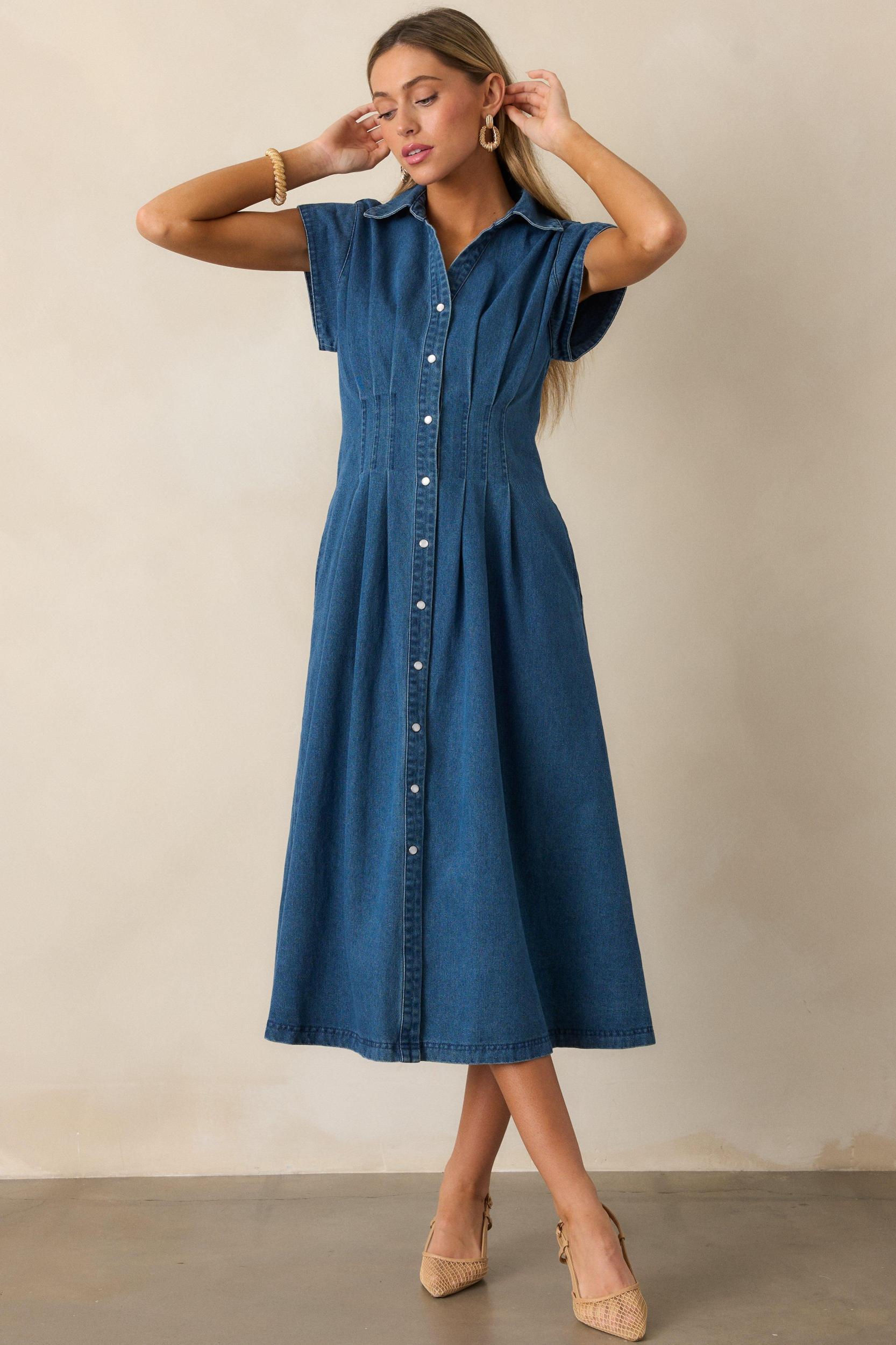 Classic Tea Party Dark Wash Denim Button Front Pleated Midi Dress Product Image