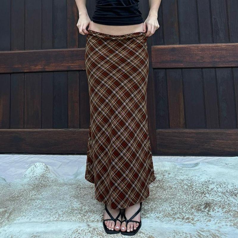 High Waist Plaid Maxi A-Line Skirt Product Image