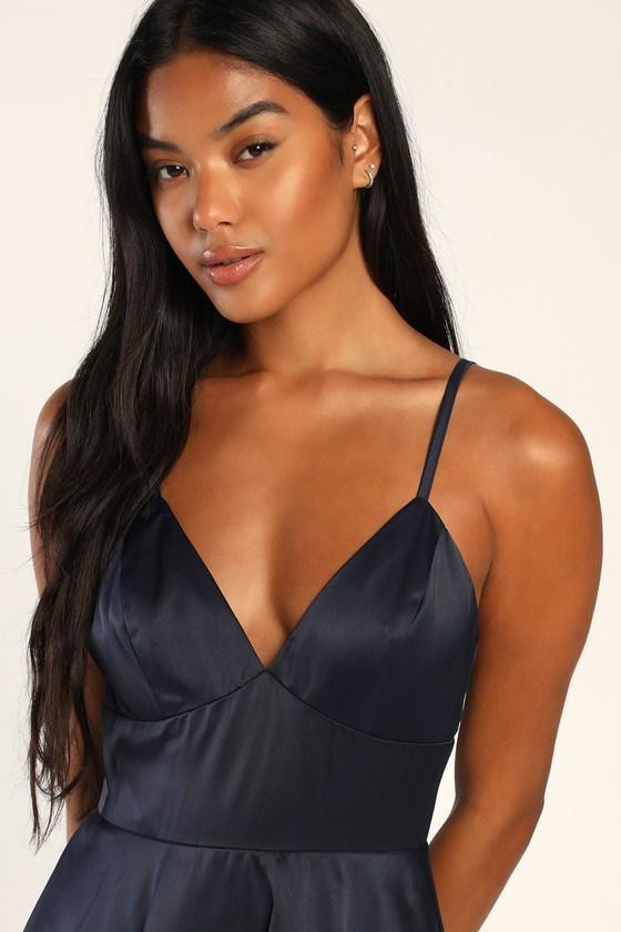 Going with Elegance Navy Blue Satin Tiered Gown Product Image