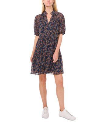 CeCe Womens Split-Neck Short-Sleeve Babydoll Dress Product Image